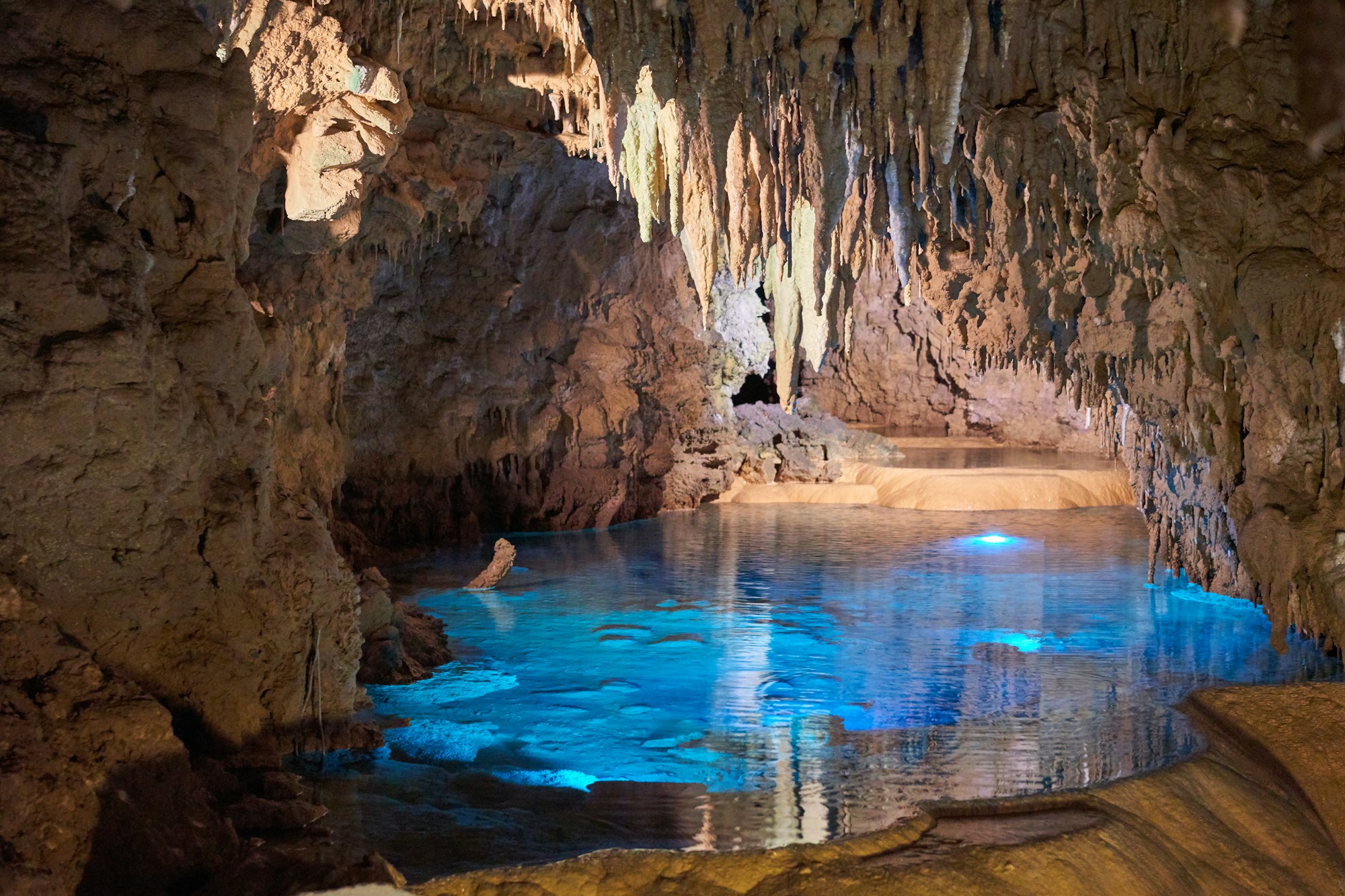 Spectacular stalactites in a deep underground cave — Cantabria, Spain