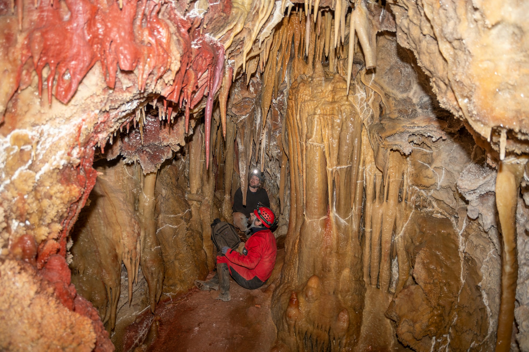 Remarkable geological formations inside a cave — caving in Cantabria, Spain