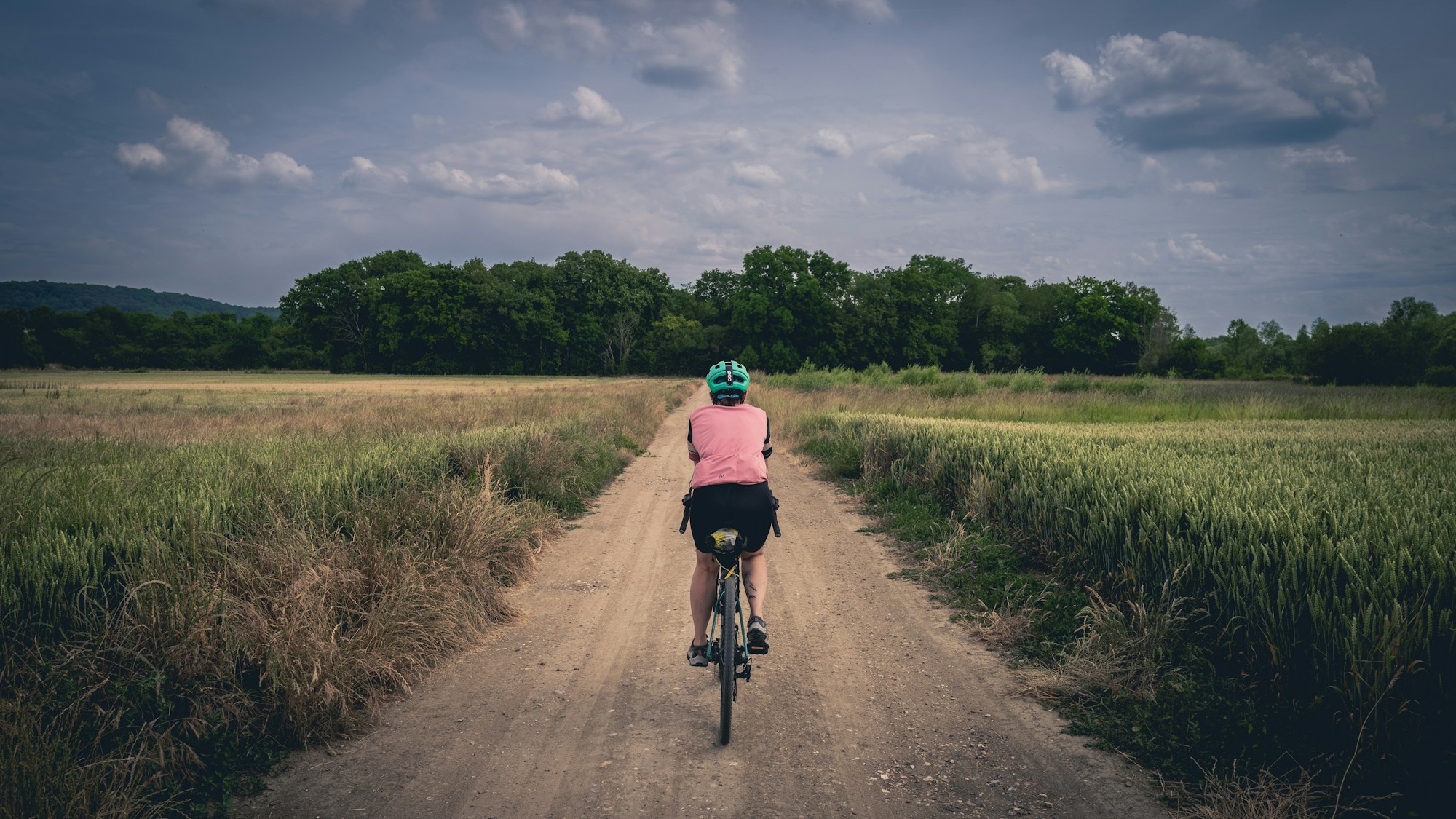 Cyclist on a dirt road in Normandy, Norman countryside with trees and fields, Eure department