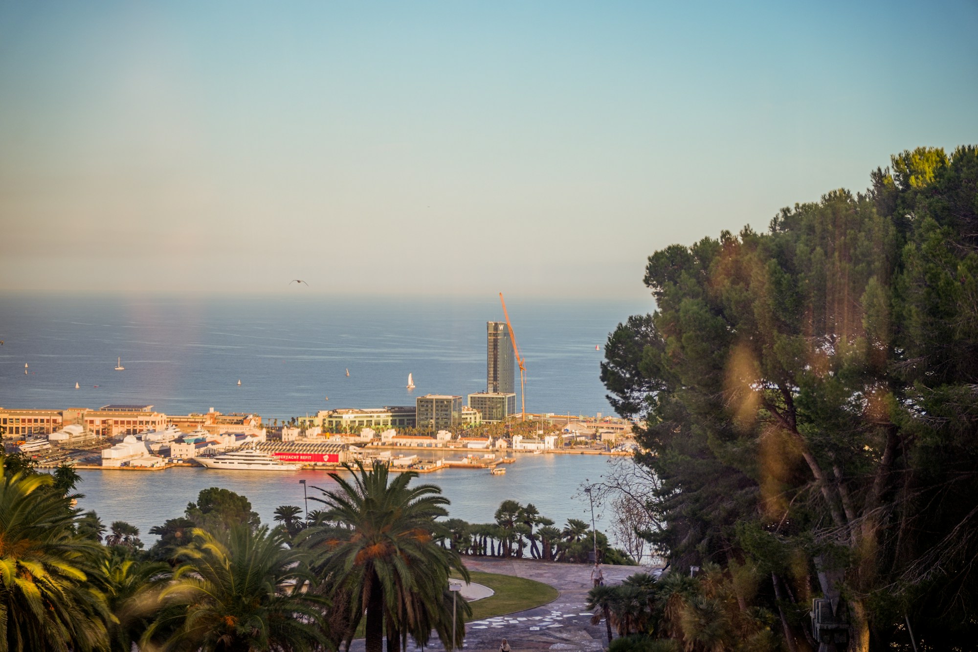 View of Barcelona from Montjuïc Castle, port and skyline in January 2026