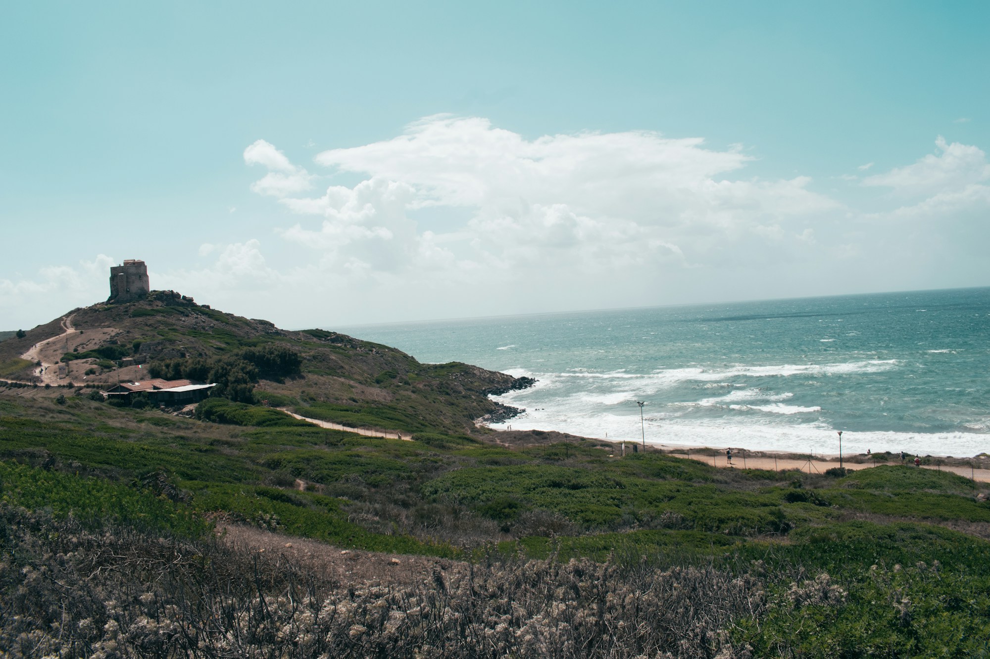 Panoramic view over the Sardinian coastline from a hilltop, Sardinia, Italy