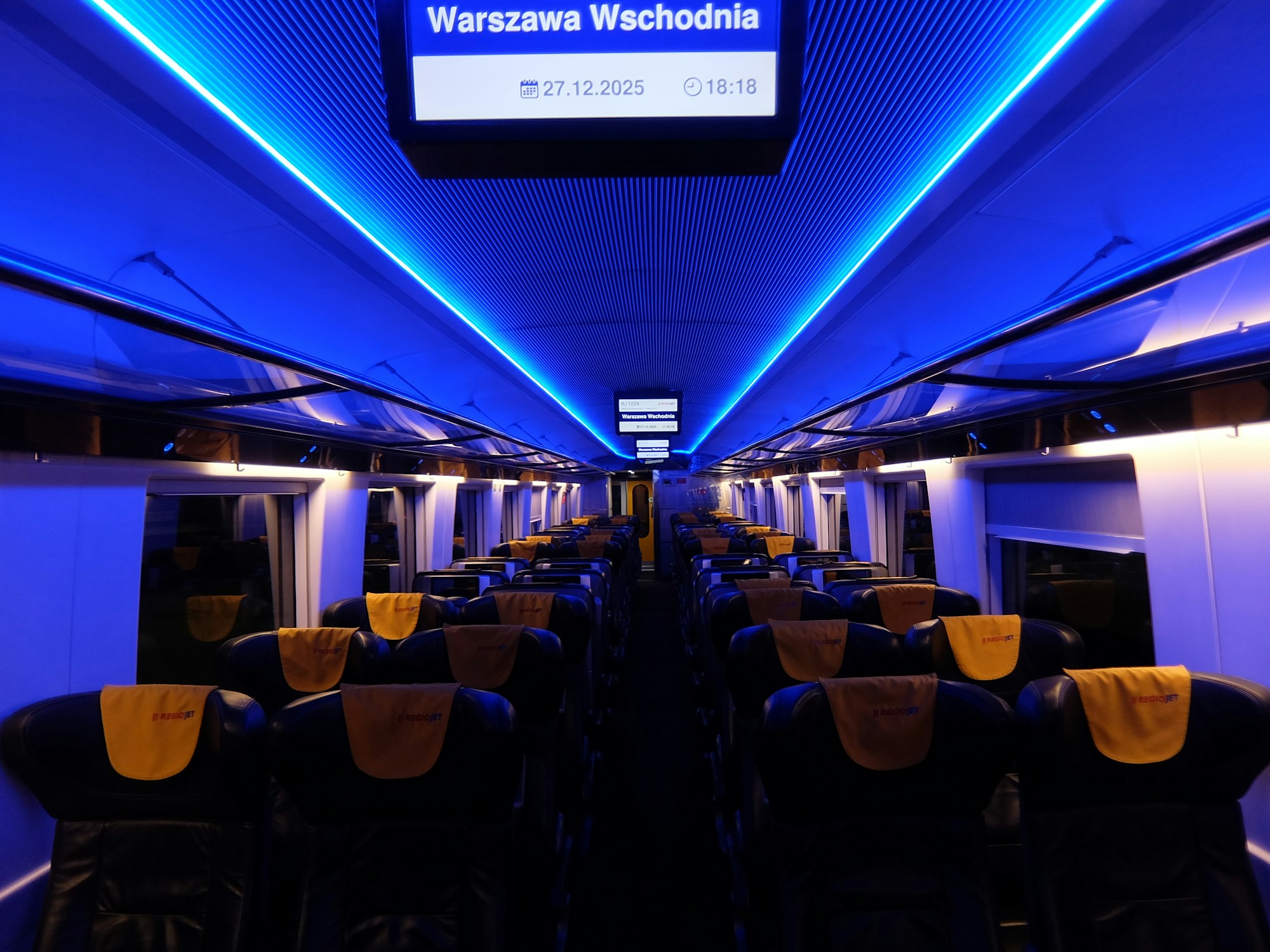 Interior of a new-generation Nightjet car with blue ambient lighting