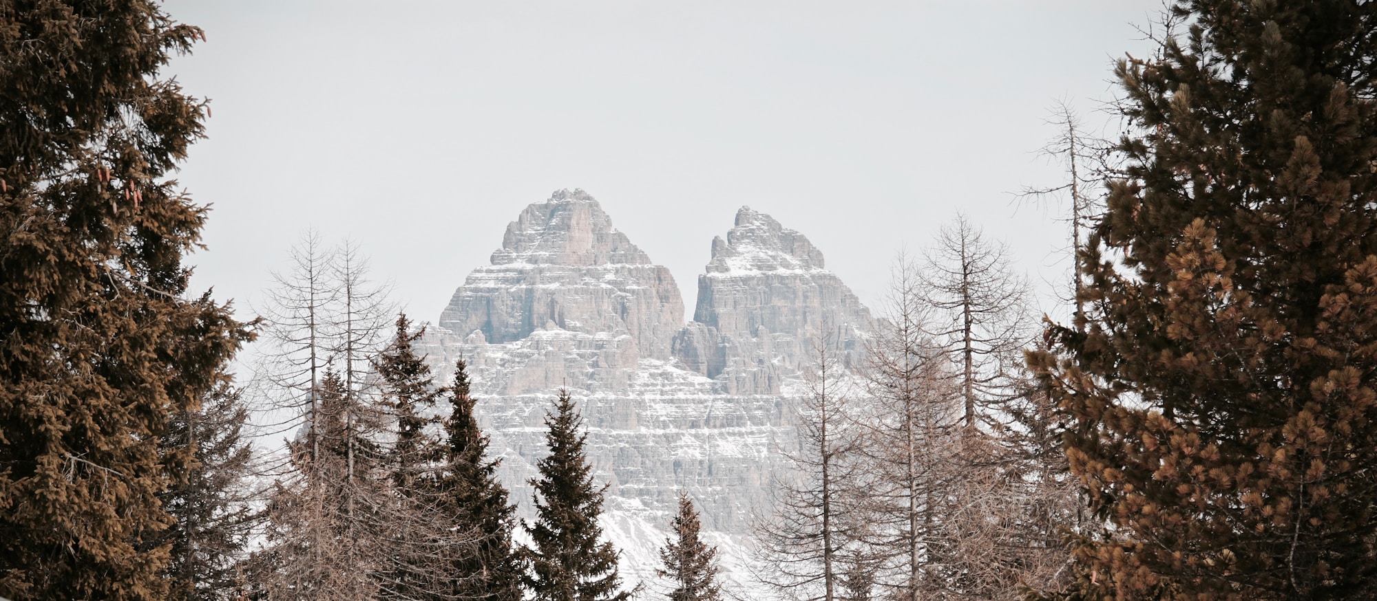Vue panoramique des Tre Cime di Lavaredo depuis le lac Misurina dans les Dolomites, sommets calcaires iconiques au crépuscule