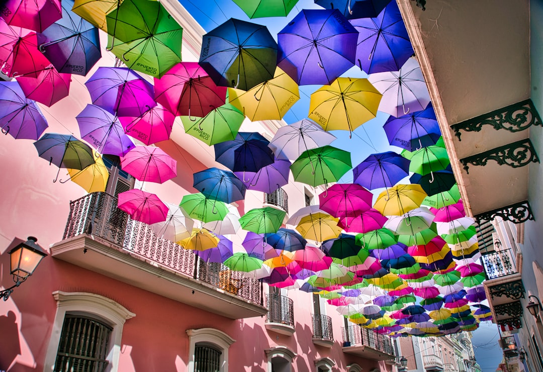 Colorful street in Old San Juan with multicolored umbrellas in Puerto Rico