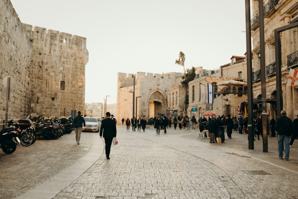 Coucher de soleil sur la porte de Jaffa dans la Vieille Ville de Jérusalem, Israël