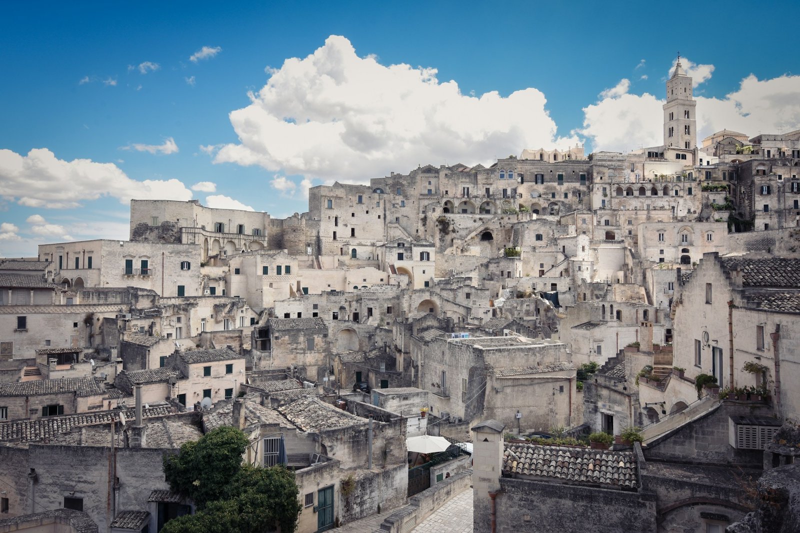 The Sassi of Matera illuminated at night, millennia-old cave dwellings