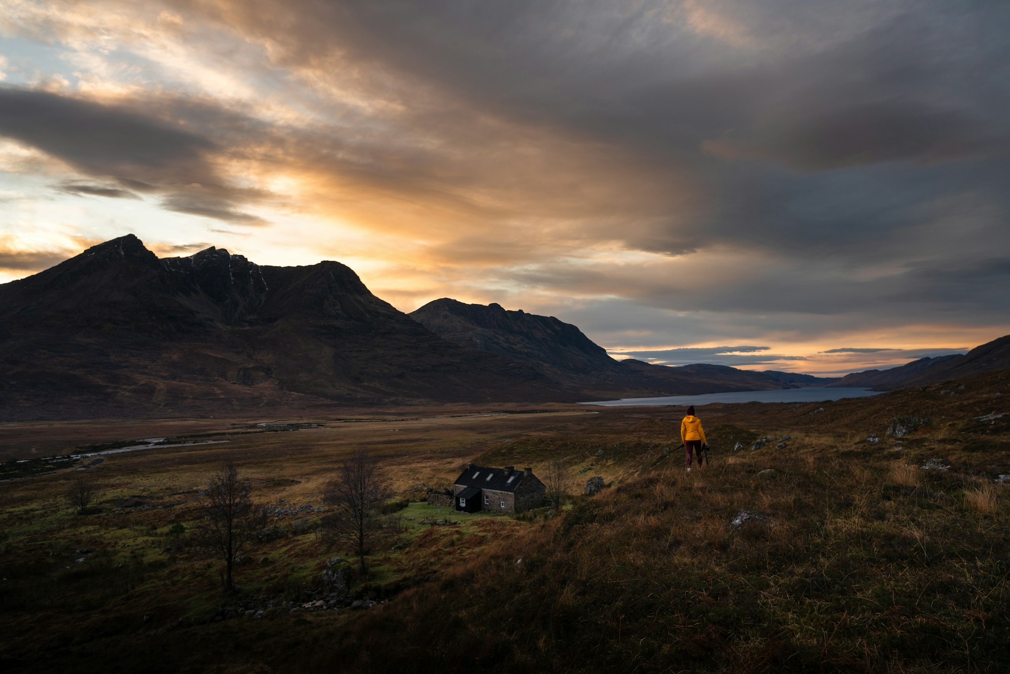 Sunset over Shenvall Bothy in the Scottish Highlands