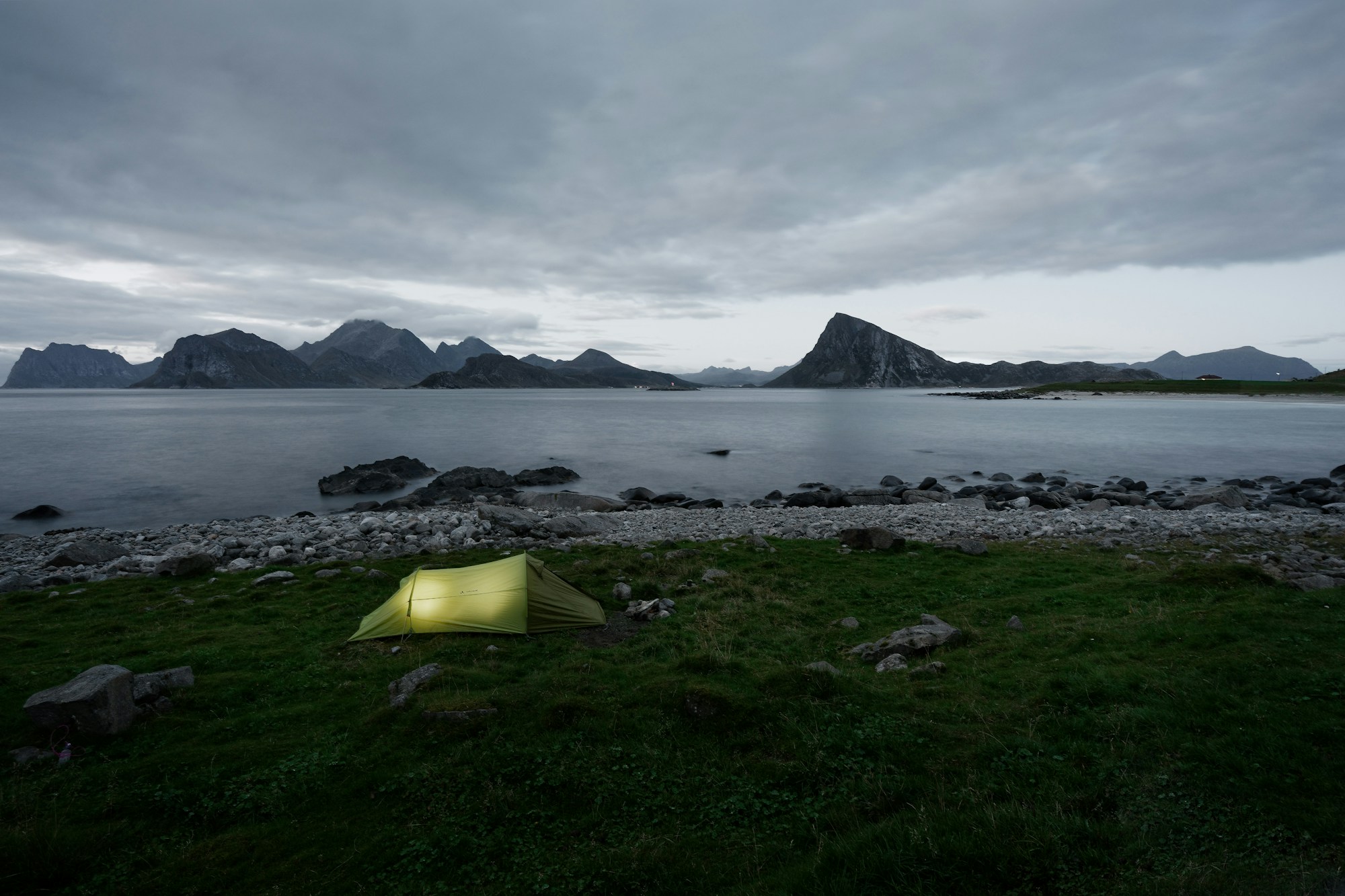 Tent pitched in the wild landscapes of Nordland, Norway