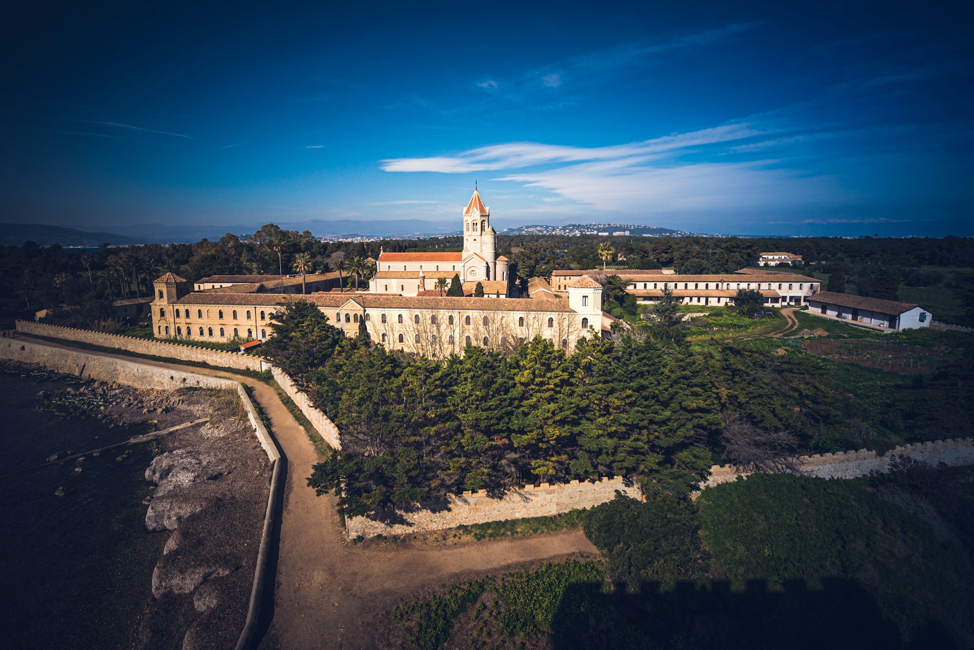 View of the Lérins Abbey on Saint-Honorat Island, Cannes — boat trip from the Old Port