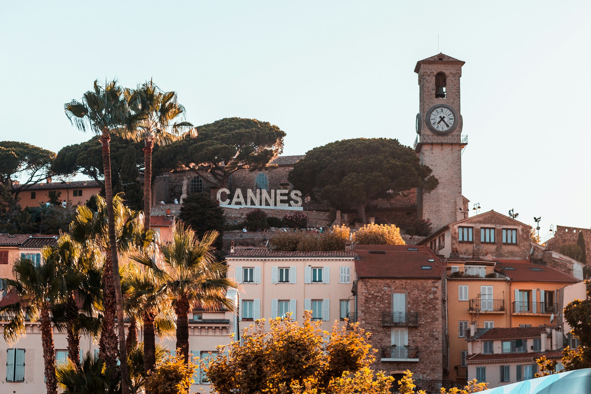 The church and bell tower of Le Suquet, the old quarter of Cannes, with its iconic sign