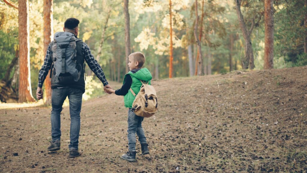 Père et fils randonnant ensemble dans une forêt verdoyante en France