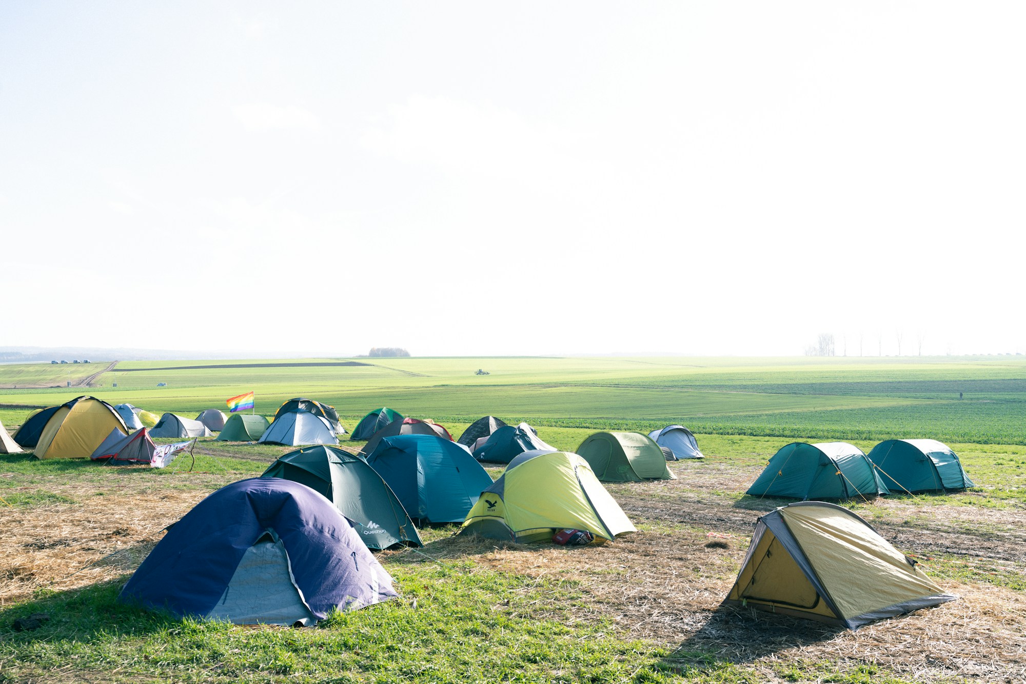 Des tentes colorées installées dans un champ verdoyant lors d'un festival