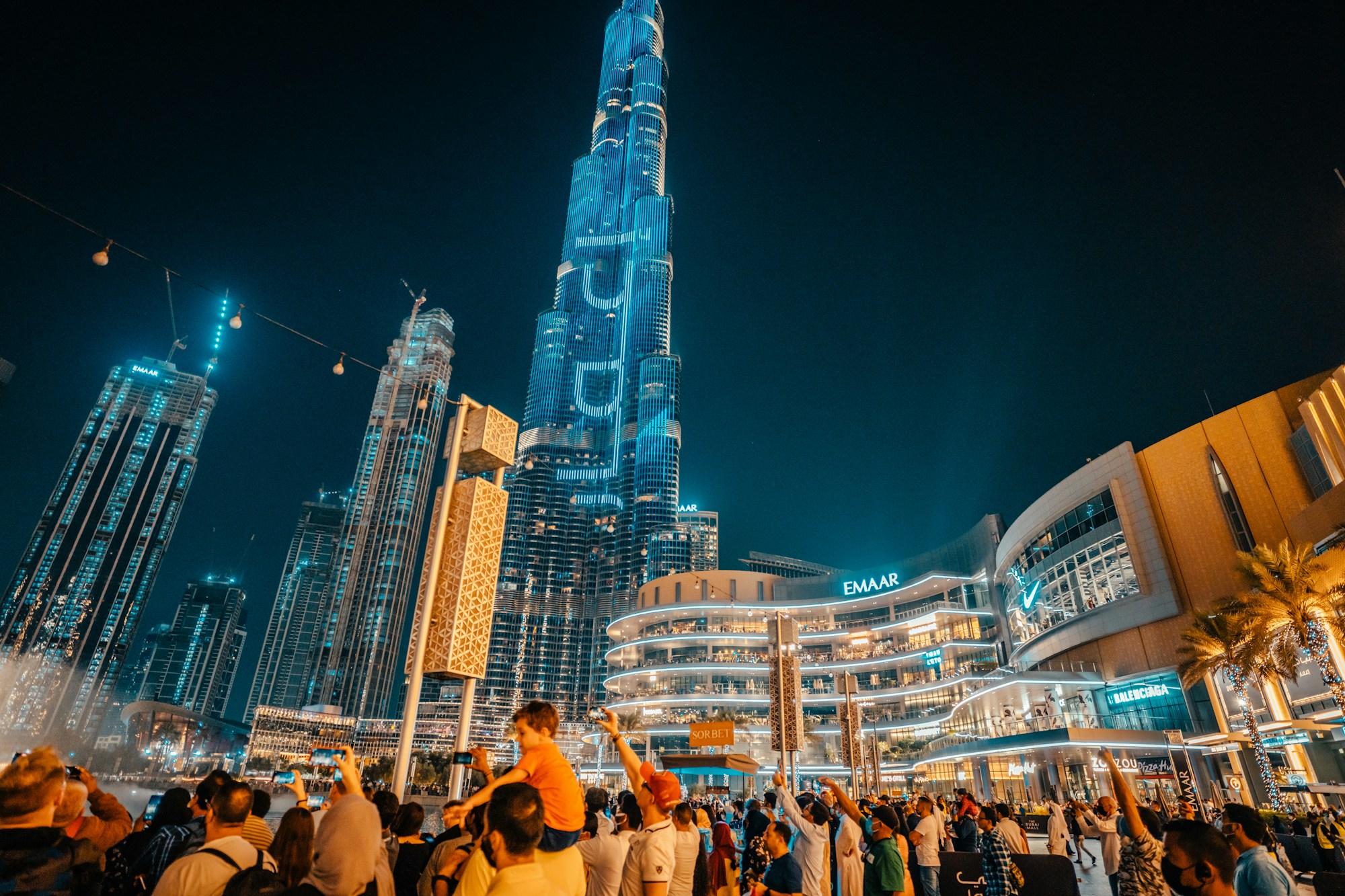 The Burj Khalifa illuminated during a nighttime show in Dubai, United Arab Emirates