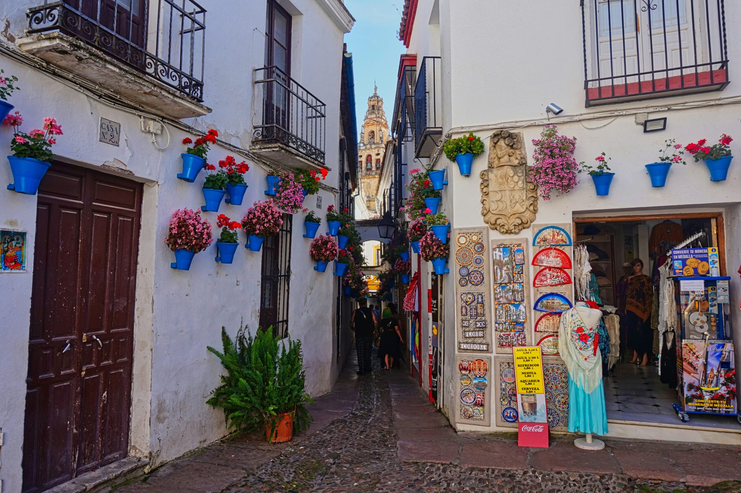 Ruelle blanche et boutique fleurie dans le quartier historique de Córdoba au coucher du soleil