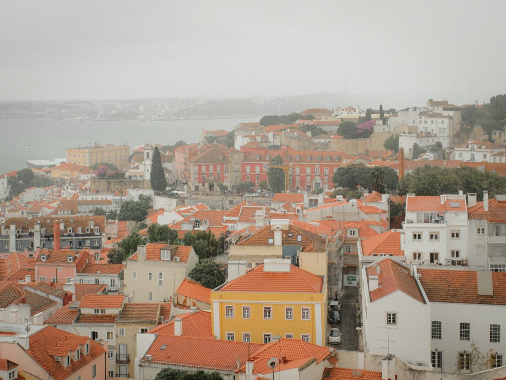 Toits rouges du quartier de l'Alfama à Lisbonne avec vue sur le Tage au loin