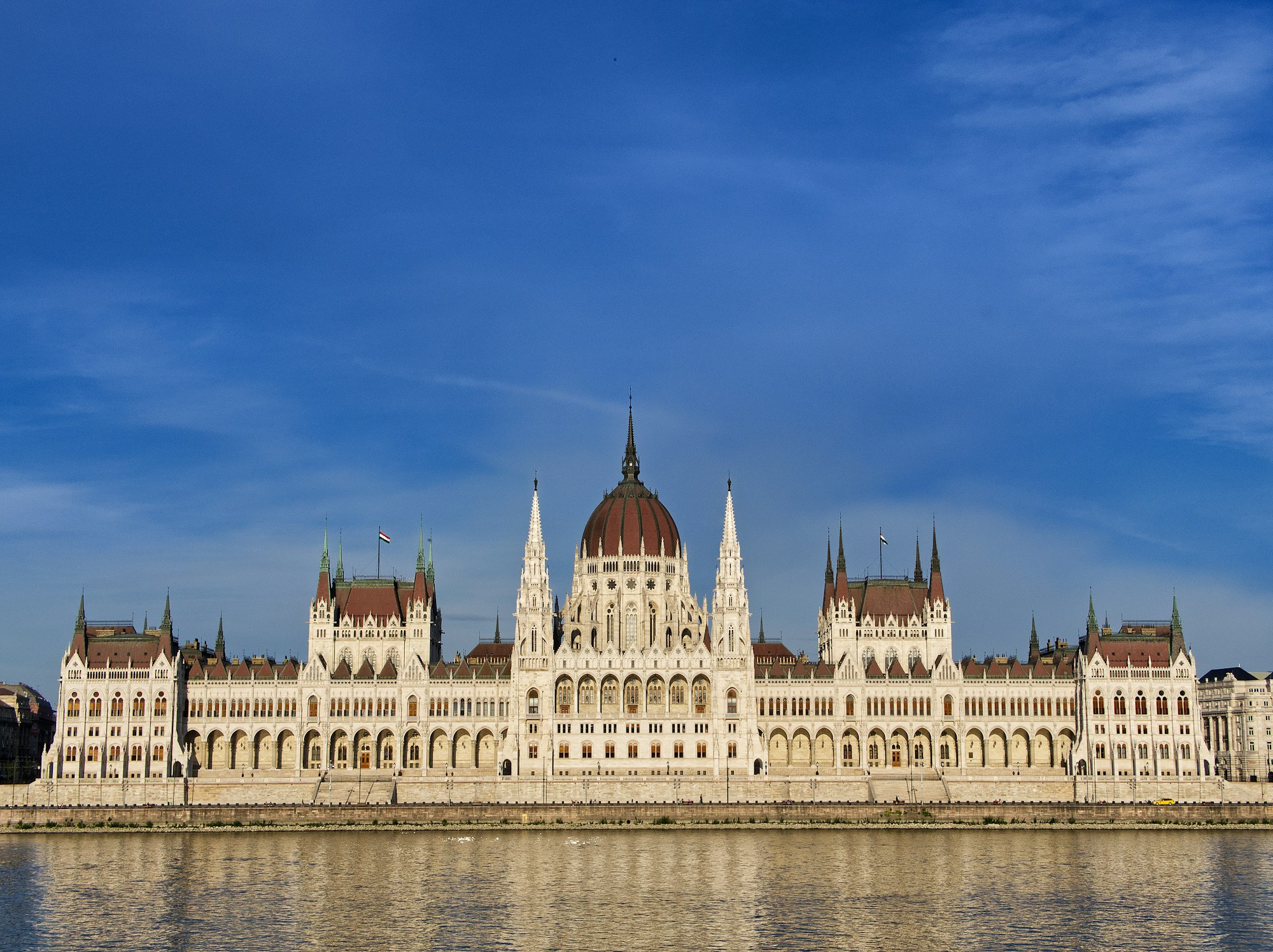 Panoramic view of Budapest with the Parliament building along the Danube at dusk