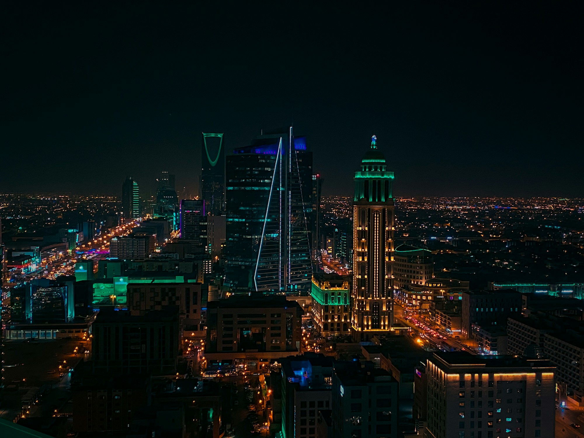Riyadh skyline at night with illuminated skyscrapers, Saudi Arabia
