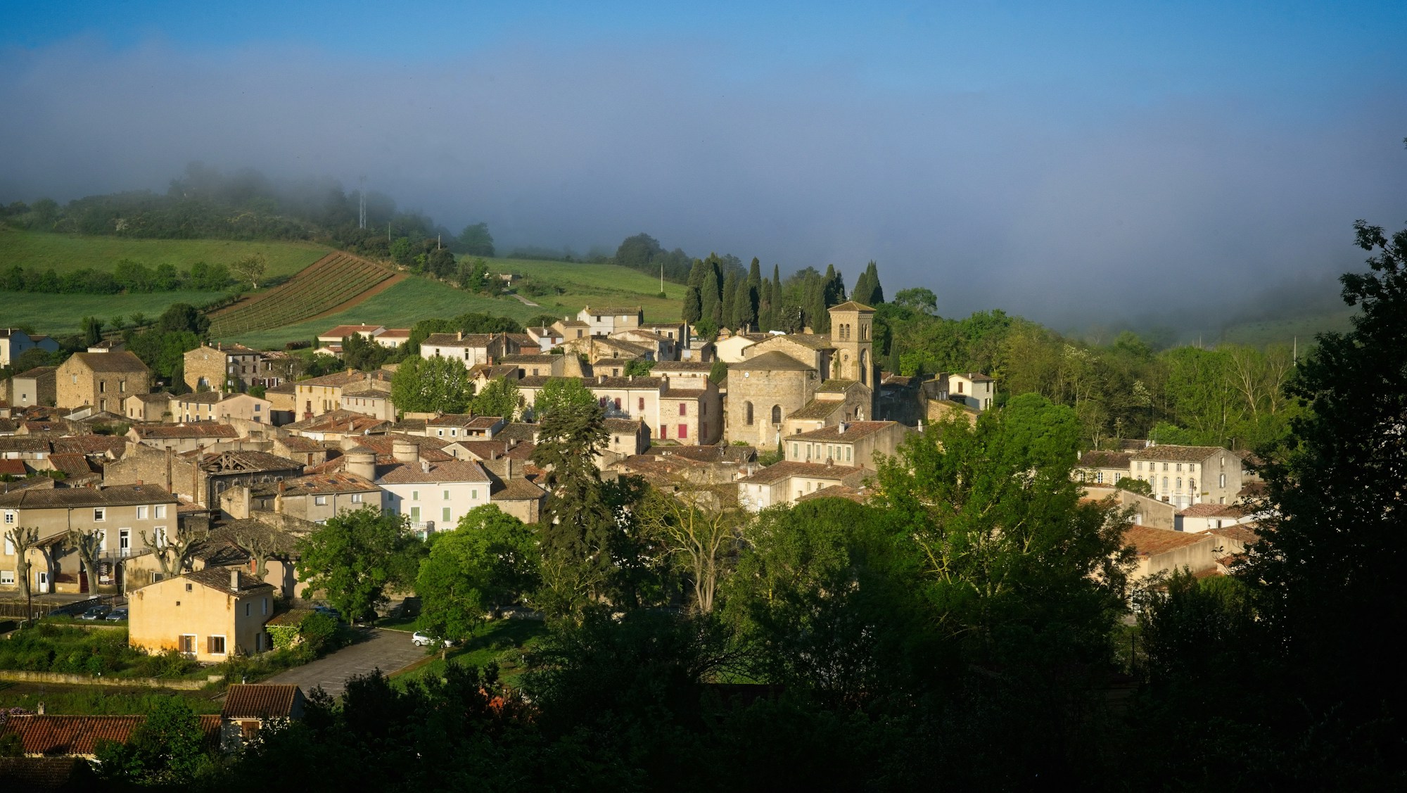 Picturesque village at dawn in the French countryside