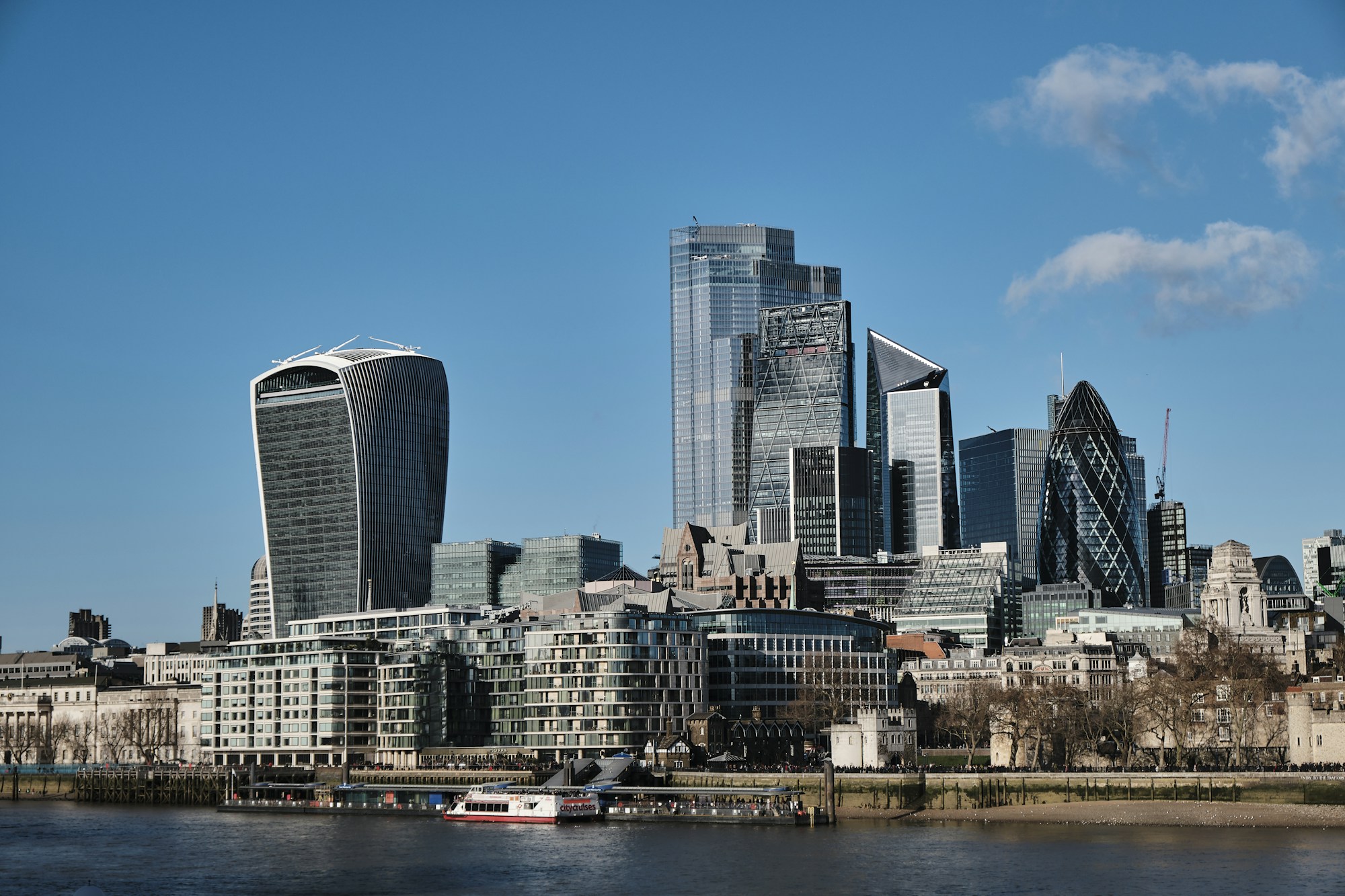 London skyline panorama from Tower Bridge, with the Shard and the City