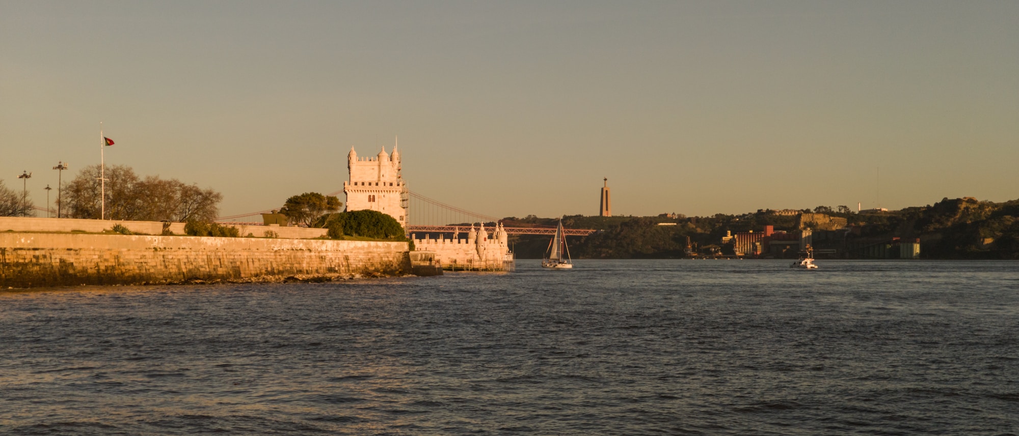 Belém Tower on the Tagus in Lisbon, wide-angle shot in autumn
