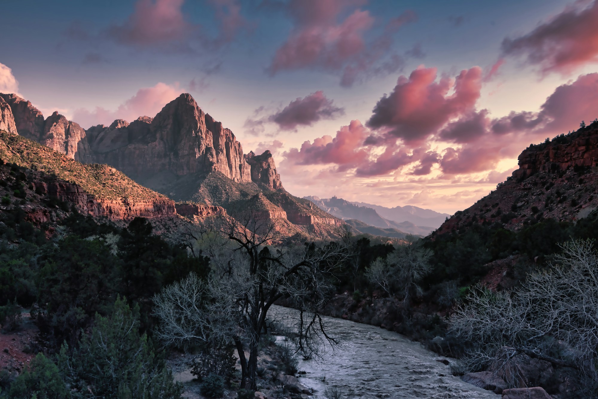 Virgin River et le Watchman dans le parc national de Zion en Utah