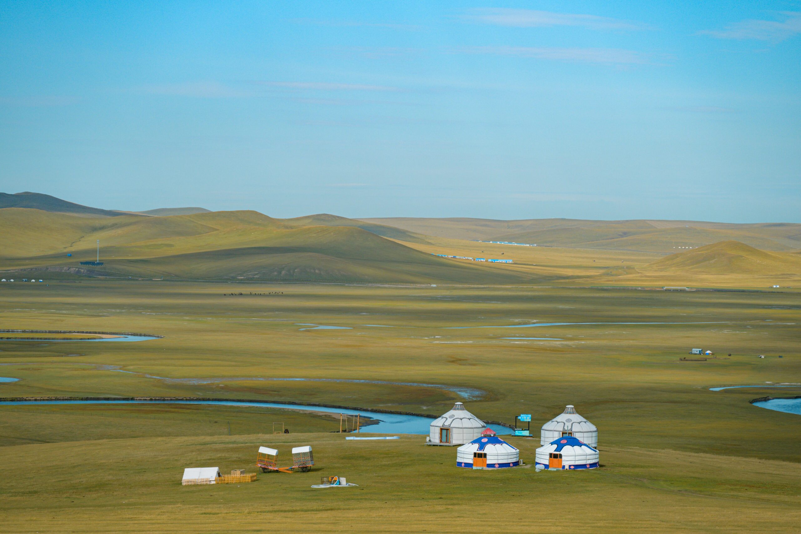 Campement de yourtes dans les steppes vertes de Mongolie en été