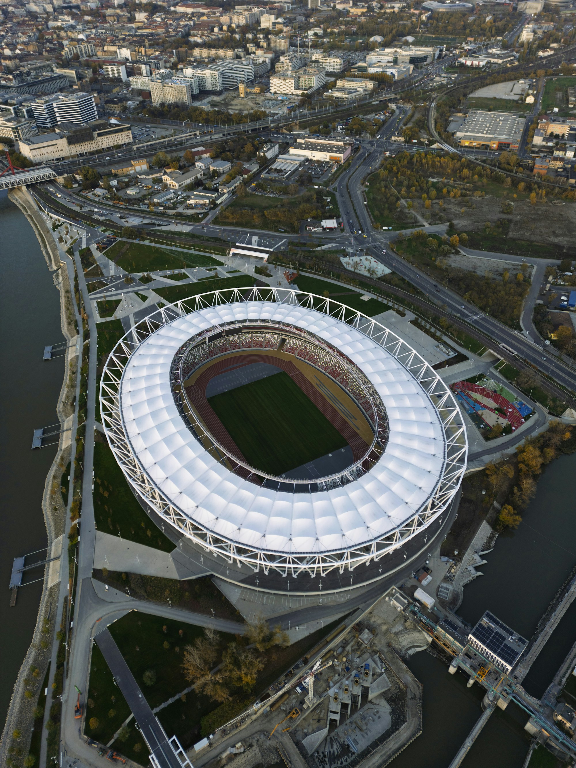 Puskás Aréna in Budapest viewed from outside — venue for the 2026 UCL Final