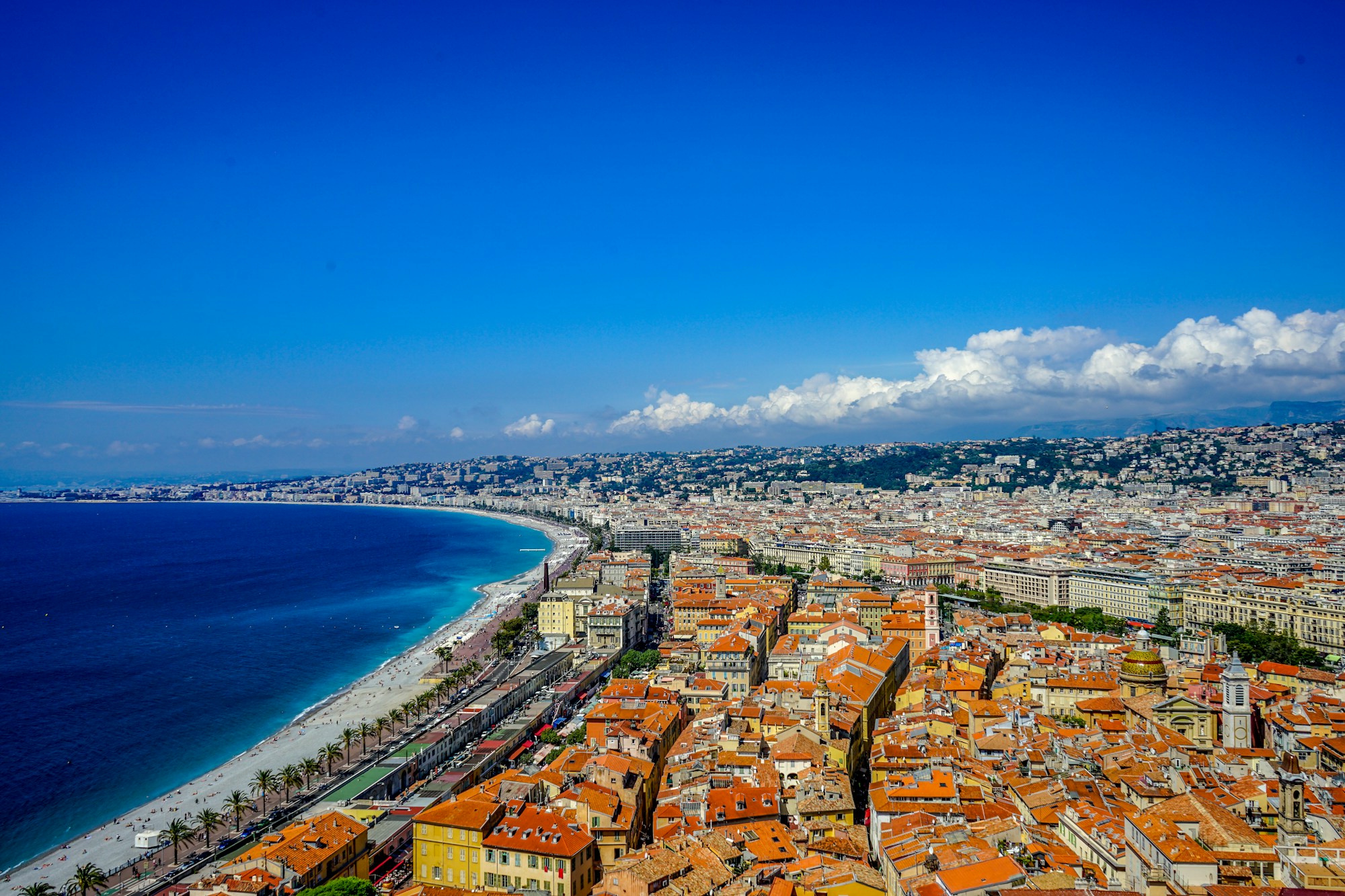 Promenade des Anglais in Nice with the blue Mediterranean, French Riviera, France