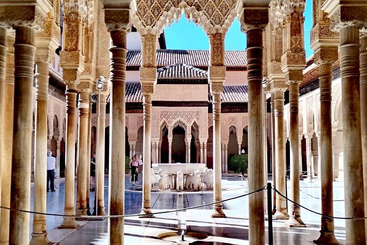 Palace of the Lions at the Alhambra with its 124 alabaster columns during a private guided tour