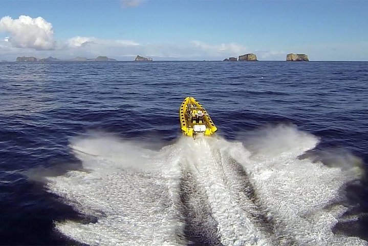 Bateau RIB naviguant autour des falaises basaltiques des îles Vestmannaeyjar, Islande