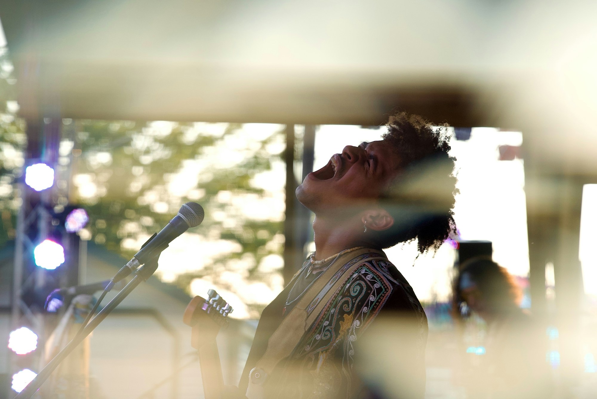 Cantante sul palco durante un festival all'aperto, luci sceniche e folla