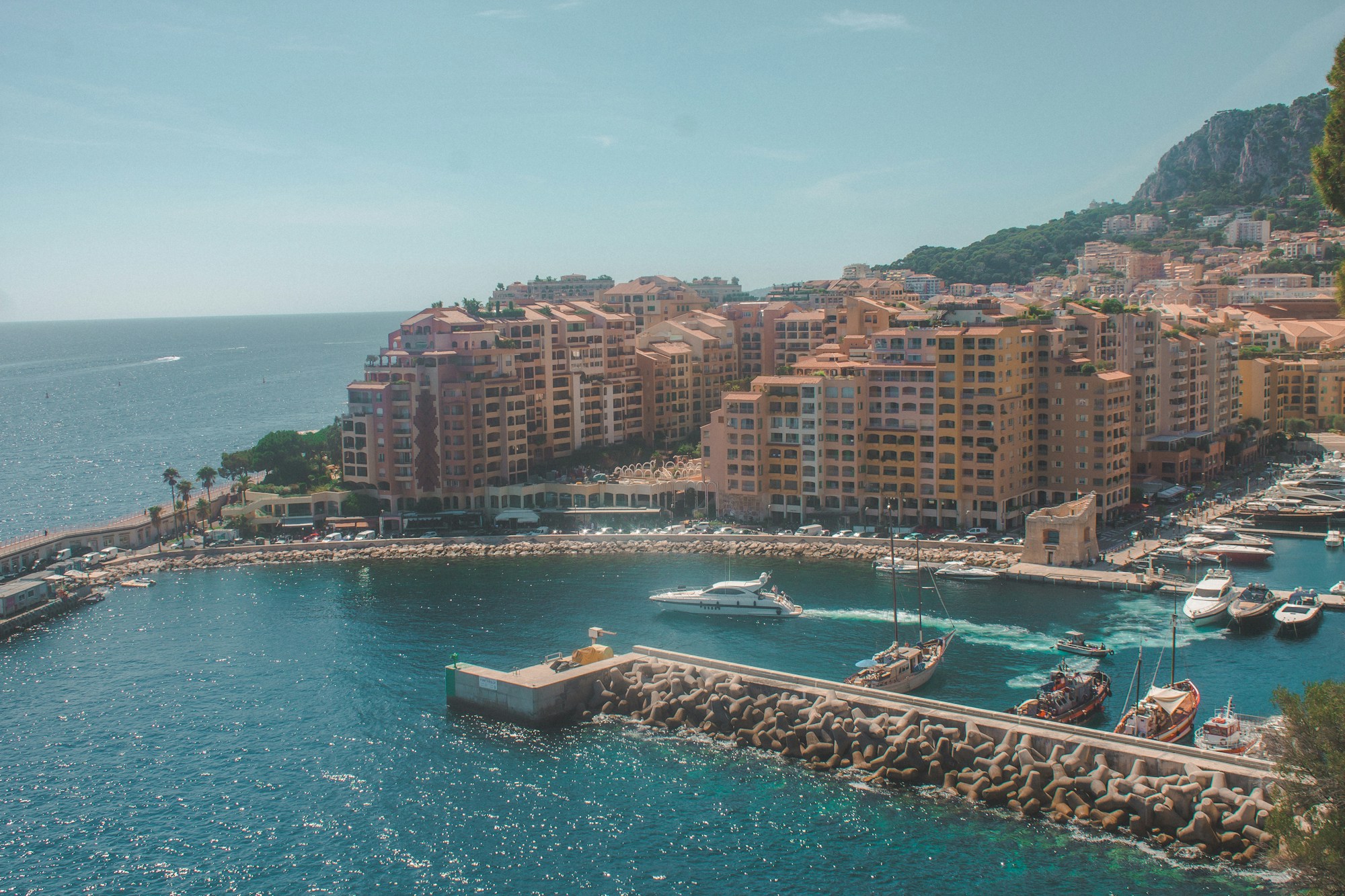 View from the heights of Monaco over the Mediterranean coastline and the circuit below