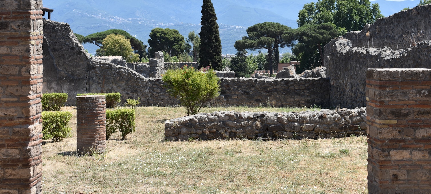 Aerial view of the ancient ruins of Pompeii with Mount Vesuvius in the background