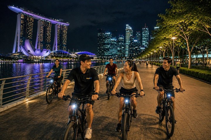 Nächtliche Fahrradtour rund um Marina Bay mit der beleuchteten Skyline von Singapur