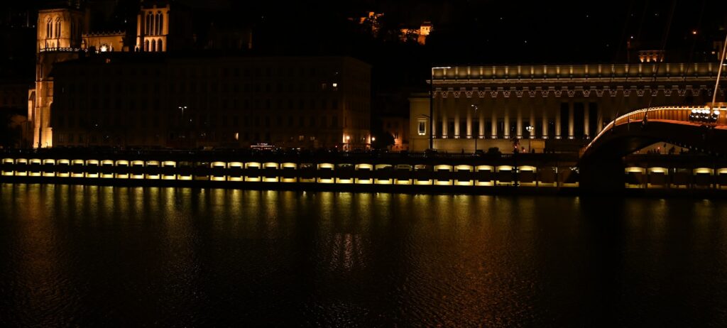 Basilica di Notre-Dame de Fourvière illuminata che domina la città di Lione di notte