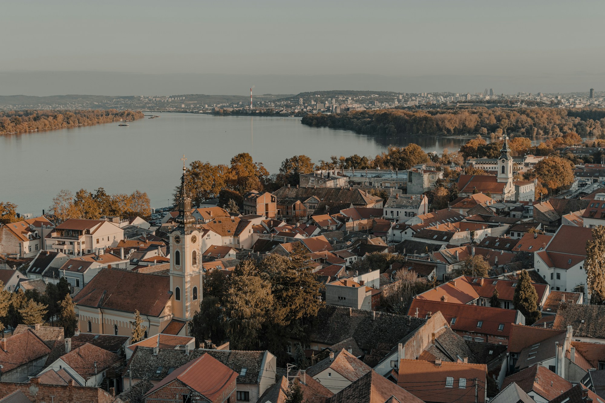 Aerial view of Belgrade, capital of Serbia, at sunset