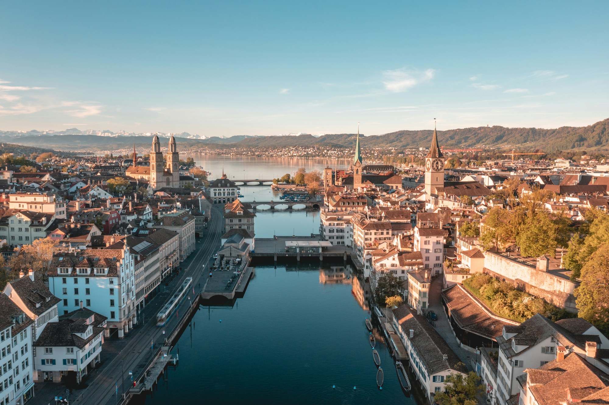 Morning view over Zurich's old town, the lake and the Alps in the background