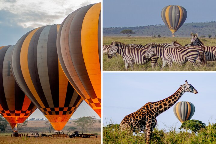 Montgolfière survolant les plaines du Serengeti au lever du soleil