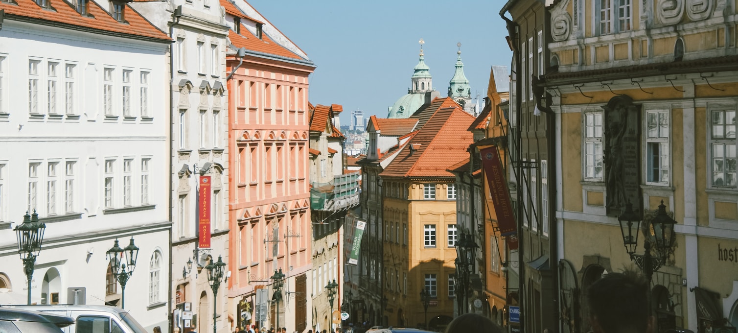 Cobbled Nerudova Street and its colourful houses in Malá Strana