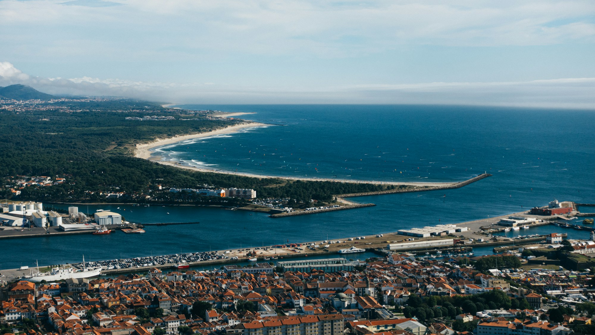 Aerial view of Viana do Castelo and the Rio Lima estuary in northern Portugal