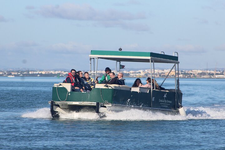 Catamarano che naviga nelle lagune del parco naturale di Ria Formosa vicino a Faro