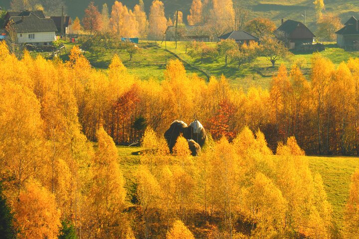 Villaggio di montagna tradizionale e tavola imbandita per un pranzo locale vicino a Brasov