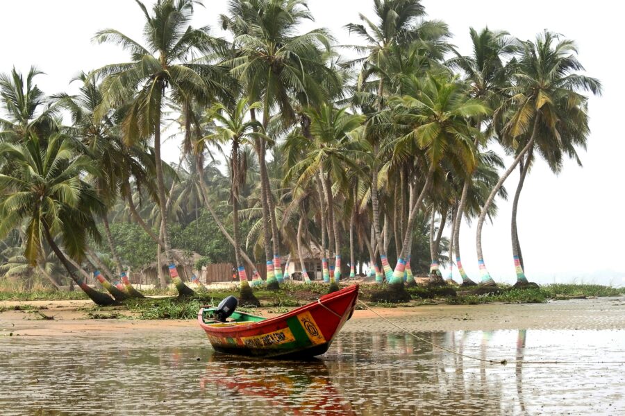 Bateau rouge sur l'eau, bordé de palmiers verts, sur la côte du Ghana