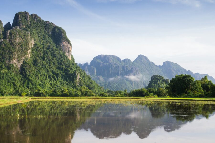 Laos : lake with trees on side