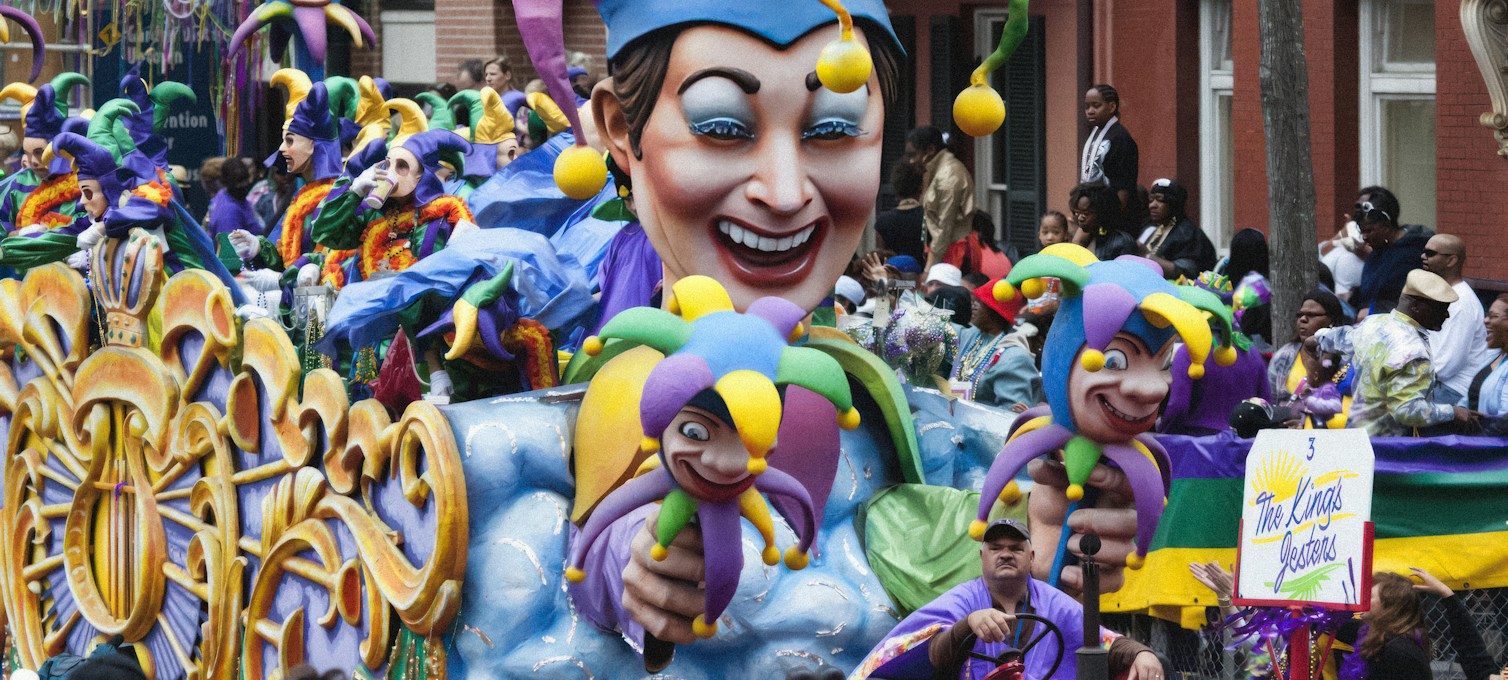 Parade float and bead necklaces during Mardi Gras in New Orleans