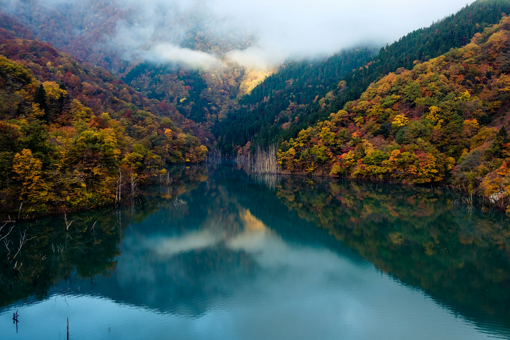Bewaldetes Tal in Herbstfarben und ein nebliger See in den Bergen Japans