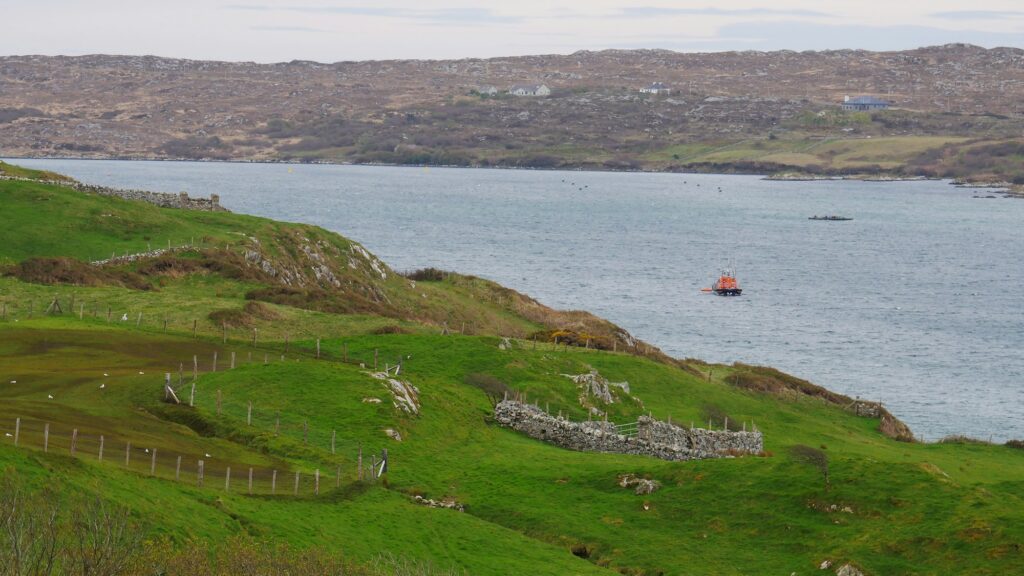Colline herbeuse du comté de Meath, en Irlande, avec un plan d’eau au loin