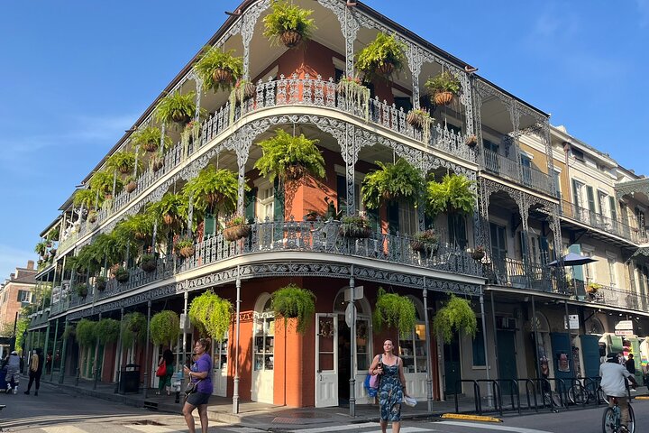 Wrought-iron balconies and historic facades in the French Quarter of New Orleans