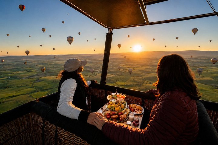 Vol en montgolfière au lever du soleil face à l'Atlas, au départ de Marrakech