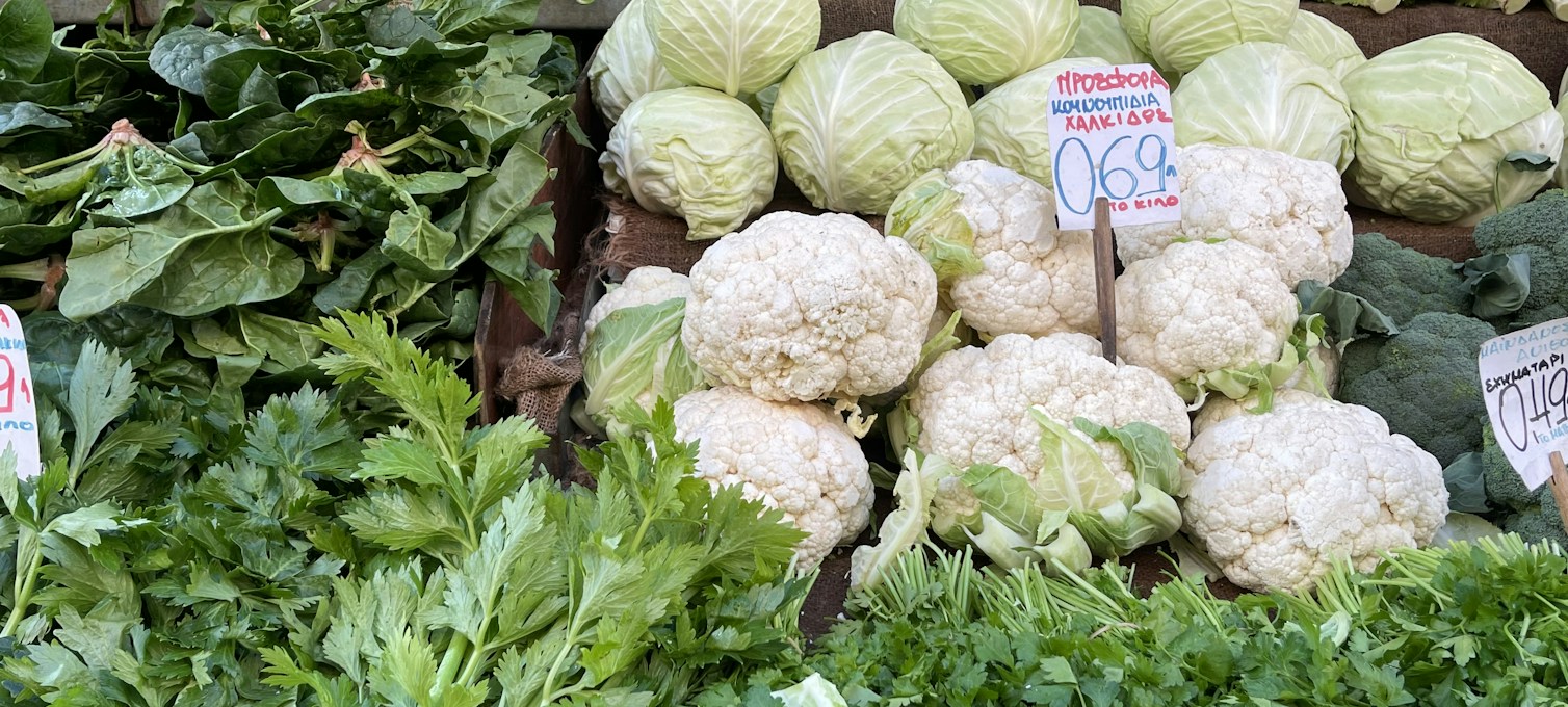 Stalls of fresh produce in a central Athens market
